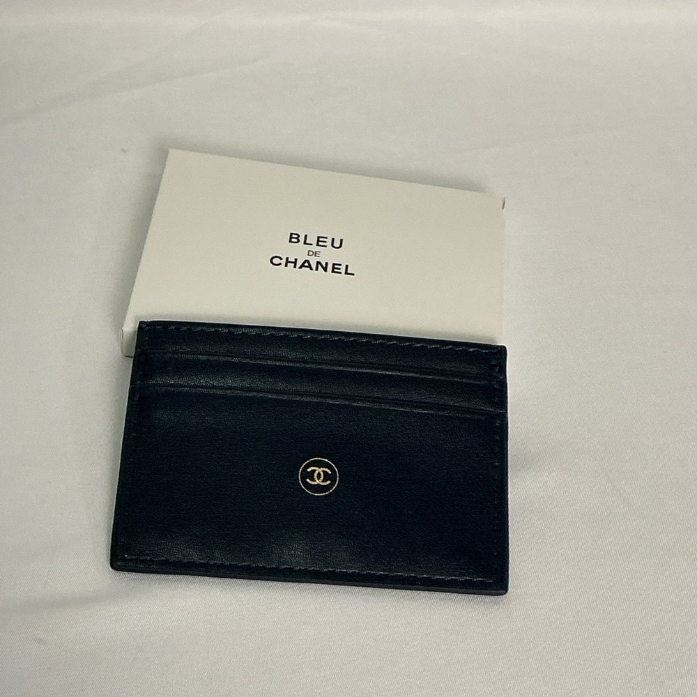 CHANEL Dark Blue Credit Card Holder Wallet Gold Logo Limited Edition